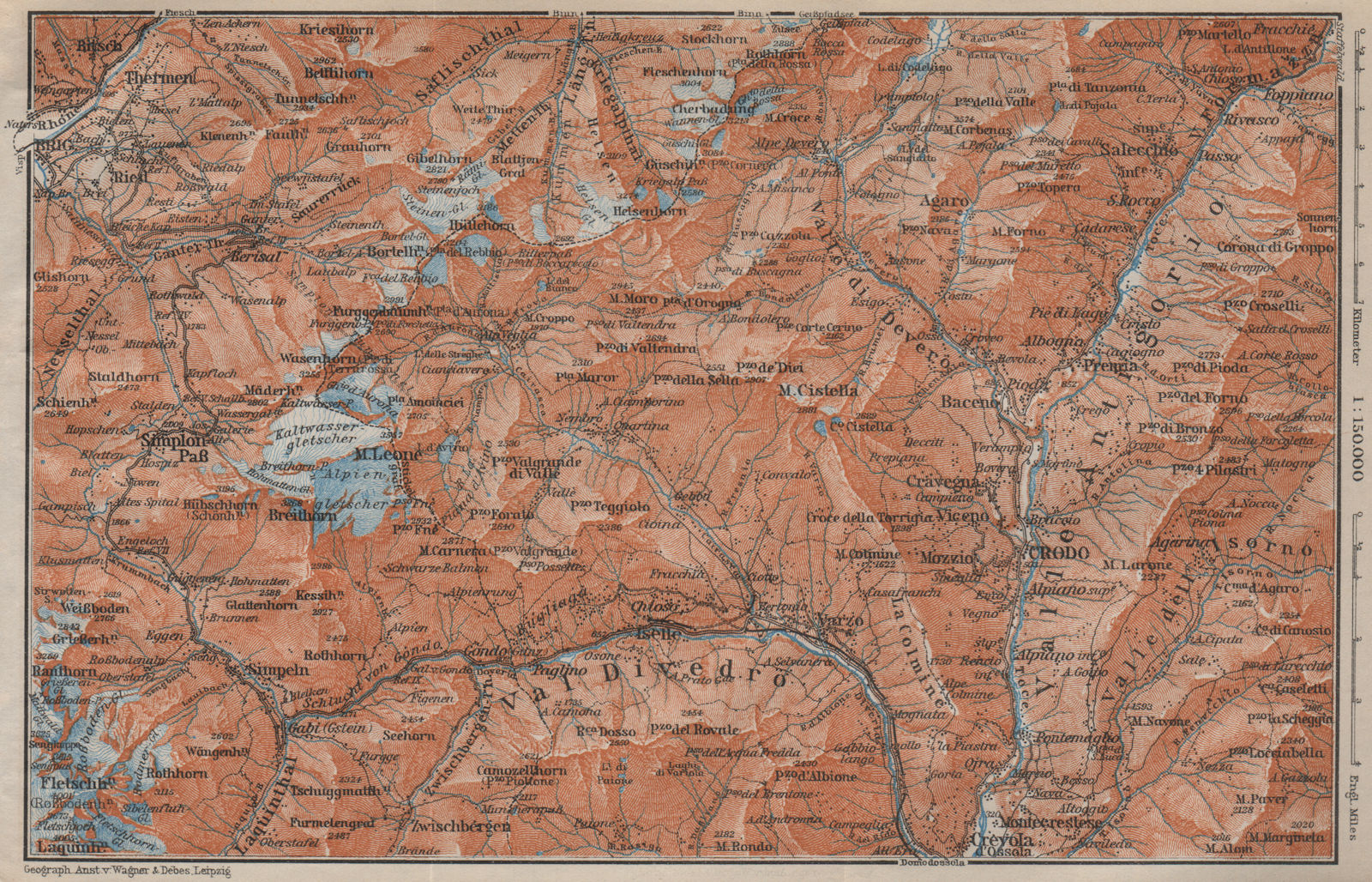 SIMPLON PASS & VAL ANTIGORIO. Thermen Val Divedro Crodo Agaro Topo-map 1913